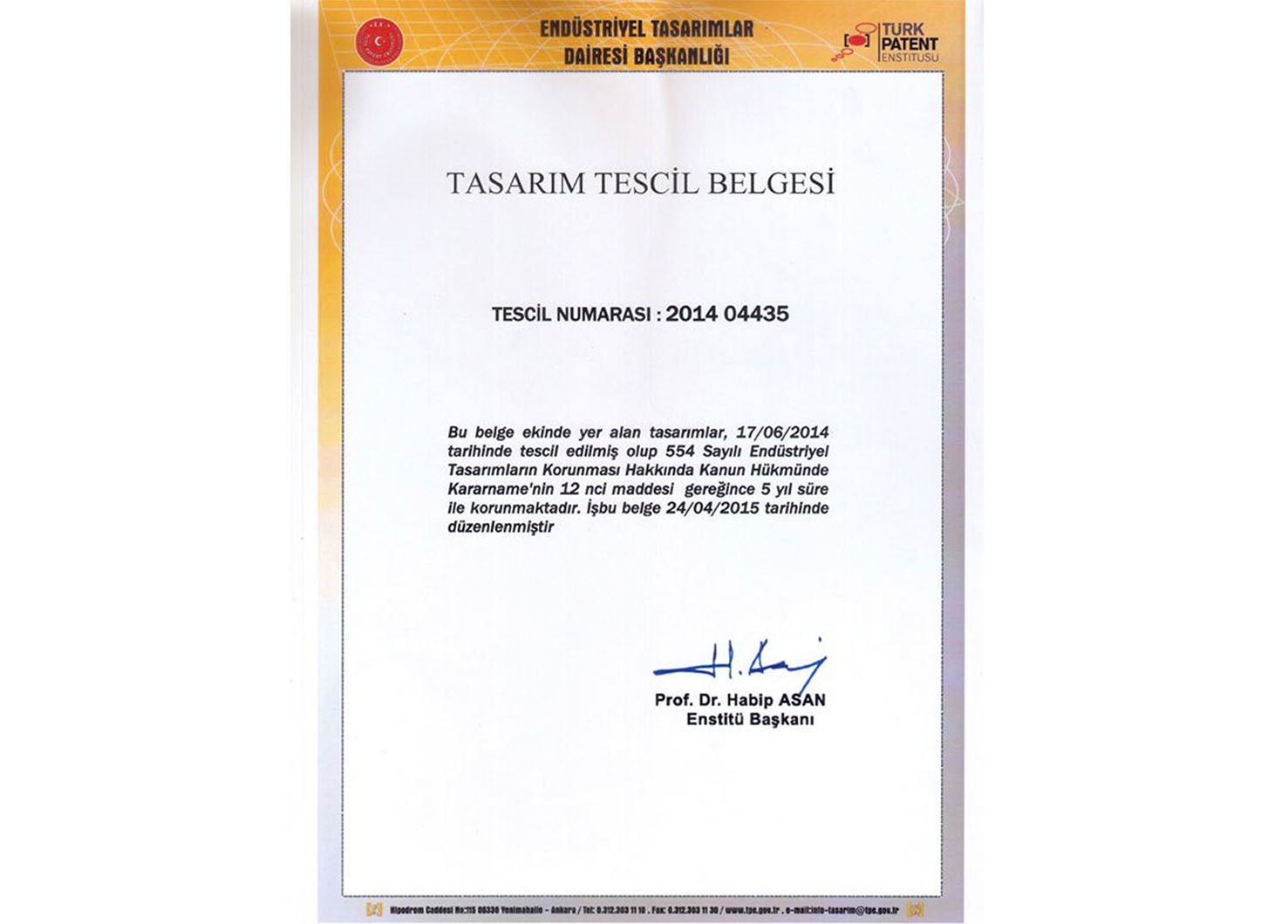 Tasarım Tescil Belgesi